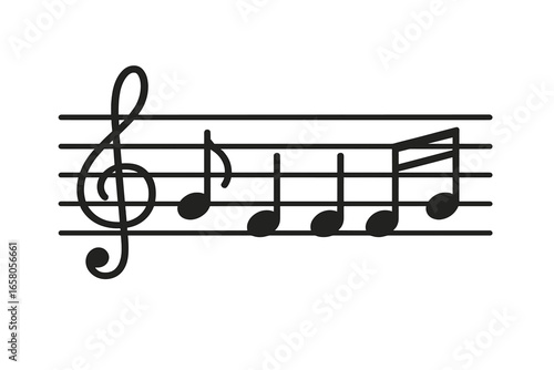 Minimalist vector illustration of musical notes on staff lines, treble clef, melody rhythm, music notation, black line art, creative design, artistic composition, abstract orchestral symbol