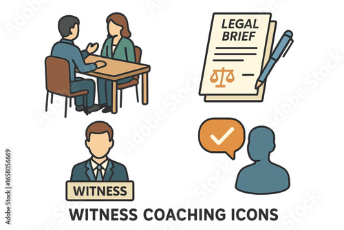 Witness Coaching Icons Set. Isometric Flat Vector Illustration of Witness Preparation, Legal Brief Review, Coaching Session Table, Court Testimony, Attorney Consultation, Communication Concept