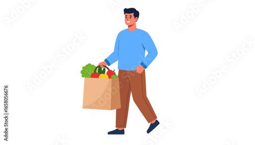 Man Carrying Grocery Bag with Fresh Vegetables and Fruits Walking Home