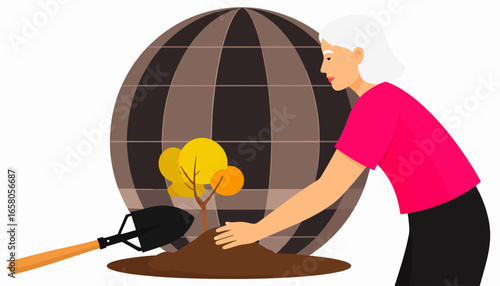 Senior woman planting a small tree near a stylized globe, symbolizing environmental care and a sustainable future.