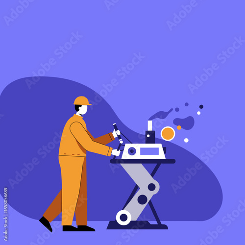 An industrial worker in an orange uniform operates complex machinery, representing innovation, production, and the manufacturing process. Ideal for business and science concepts.