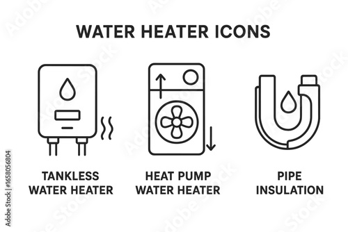 Water Heater Icons Outline Vector Set, Energy Efficient Tankless Water Heater, Heat Pump Water Heater, Pipe Insulation Symbol, Home Heating Equipment Illustration