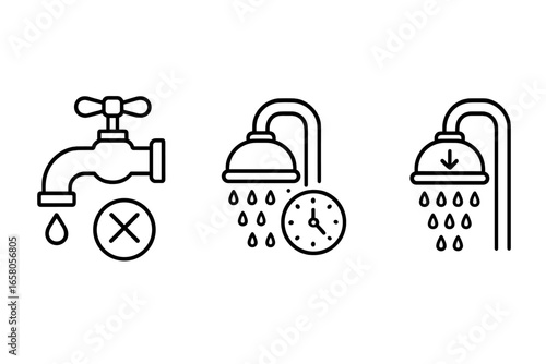 Water Conservation Icons Vector Set with Faucet Turned Off, Shower Timer, Low-Flow Showerhead Outline Symbols for Saving Water Awareness and Eco-Friendly Lifestyle