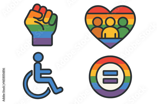 Vector icon set for LGBTQ pride, diversity, and inclusion. Symbols of equality, accessibility, and community support. Rainbow flag fist, heart, wheelchair, and equal sign icons.
