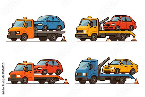 Tow trucks transporting vehicles at roadside assistance scene during daytime, cartoon vector illustration set showing vehicle rescue, emergency service, and towing operation on transparent background