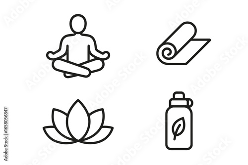 Set of 4 yoga and wellness line icons. Meditation, fitness, spiritual symbols. Includes person in lotus pose, yoga mat, lotus flower, and eco water bottle. Vector pictogram pack.