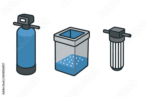 Isometric Vector Set of Water Treatment Icons Including Basement Water Softener Tank, Brine Tank with Salt Pellets, and Water Filter Cartridge Illustration on Transparent Background