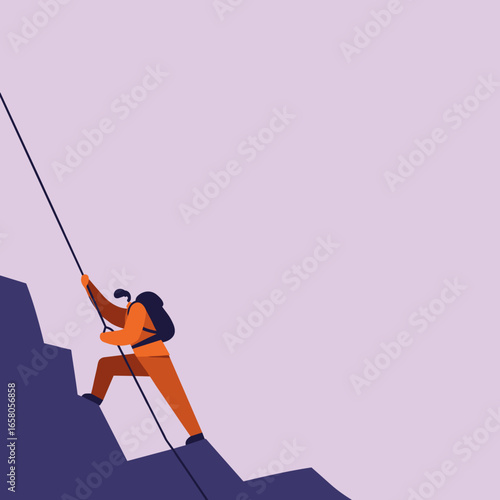 Determined climber ascends a steep mountain with a rope, symbolizing challenge, ambition, and progress. Ideal for business and personal growth concepts.