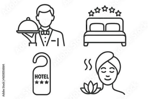 Hotel service and accommodation linear icons set. Luxury hospitality concept. Room service, five star bed, do not disturb sign, spa relaxation. Vector symbols collection.