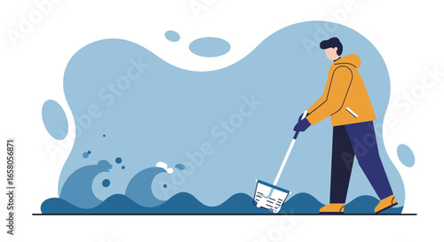 Person cleaning water pollution with a net, illustrating environmental protection and sustainable efforts for a healthier ocean. Ideal for eco-conscious campaigns.