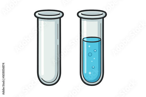 Laboratory test tubes collection, empty and filled with blue liquid, scientific experiment, chemistry analysis, transparent glassware, medical research, vector cartoon illustration