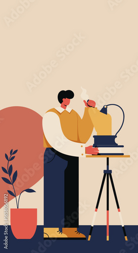 Thoughtful man enjoys a pipe by a lamp and books, symbolizing knowledge, relaxation, and creative pursuits. Ideal for education or lifestyle concepts.
