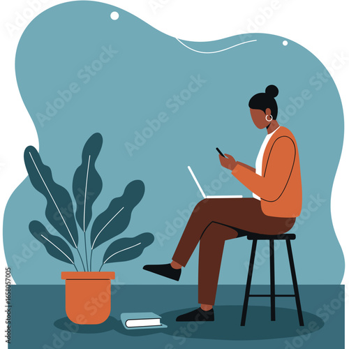 Woman uses laptop and phone, embodying remote work and digital communication. Ideal for concepts of productivity, online learning, or modern lifestyle.