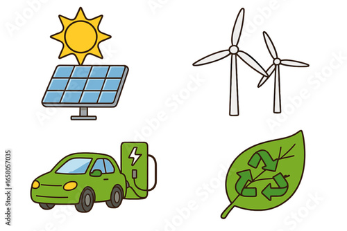 Renewable energy vector illustration with solar panel and sun, wind turbine, electric car charging station, eco leaf recycling symbol. Sustainable future, clean energy, green technology concepts.