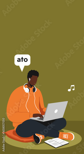 African American man studying or working remotely on a laptop with headphones. Represents online education, remote work, and focused productivity.