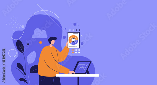 Illustration of a man analyzing data on a laptop, holding a chart. Ideal for business, technology, and analytics concepts, symbolizing productivity and strategic planning.