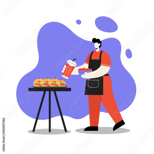 Illustrated chef with burgers and a drink, perfect for fast food, restaurant, or delivery service concepts.