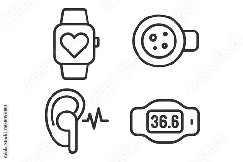 Wearable Health Tech Icons, Outline Set of Wearable Biosensors and Digital Health Devices, Smartwatch with Heart, Glucose Monitor, Earbuds with Heartbeat, Biometric Wristband Vector Illustration