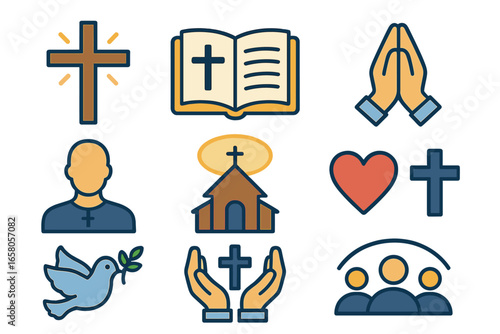 Modern Christian Symbols and Icons Set. Faith, Worship, Bible, Church, Christian Community, Spirituality. Cross, Prayer, Priest, Dove, Heart, Religion. Vector Cartoon Illustration Isolated