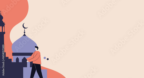 Minimalist illustration of a man walking by a mosque, embodying Islamic faith and culture. Perfect for content related to Ramadan, Eid, or spiritual peace.