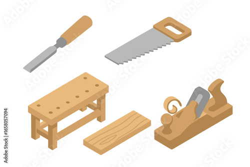 Isometric woodworking tools vector set for carpentry and craftsmanship. Hand saw, wood chisel, workbench, wooden plank, hand plane. DIY repair, construction, joinery, workshop design elements