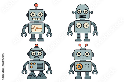 Retro cartoon robot vector illustration, classic style robots set, vintage mechanical toy design, playful steampunk characters, cute futuristic automation icons, imagination, transparent background