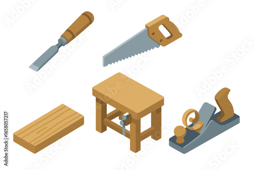 Isometric Vector Icons Set of Woodworking Tools and Equipment. Chisel, Saw, Wooden Plank, Carpenter Workbench, Hand Plane. Professional Woodcraft, DIY Carpentry Workshop Essentials