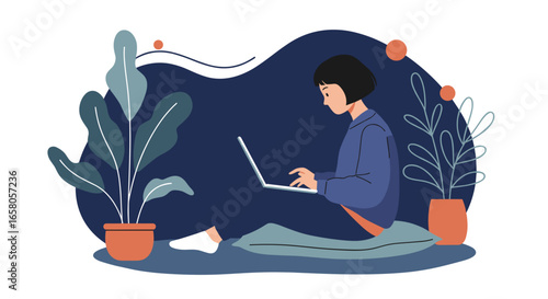Young person working comfortably from home on a laptop, surrounded by indoor plants. Ideal for remote work, online education, or freelance lifestyle concepts.