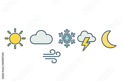 Weather Icons Vector Set: Sun, Cloud, Snowflake, Lightning, Wind, Moon, Minimal Style, Flat Cartoon Design, Simple Climate Symbols, Transparent PNG, Meteorology Clipart, Clean Outline