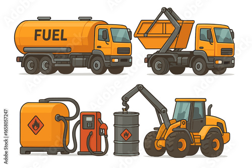 Industrial equipment vector set. Heavy machinery cartoon. Fuel tanker truck, skip loader, front loader, gas pump. Oil industry transport, construction vehicles collection isolated.