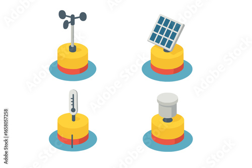 Isometric Weather Buoy Icons Set with Anemometer Mast, Solar Panel, Temperature Probe, and Barometer Housing, Flat Vector Illustration for Marine and Meteorological Monitoring