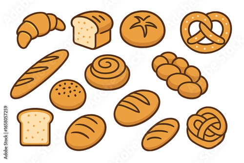 Variety of cartoon bread and pastry vector set. Croissant, loaf, challah, pretzel, bun, baguette, roll, sliced bread, bakery elements. Hand drawn food icons for culinary, bakery, cafe, menu design