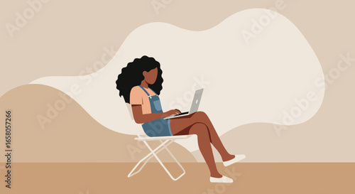 Young woman working remotely on laptop from a comfortable, minimalist setting. Represents flexible work, digital lifestyle, and online productivity.