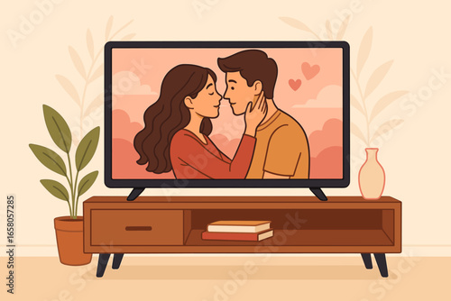 TV screen with a romantic movie. Couple in love. Man and woman kiss. Living room interior. Home cinema entertainment. Streaming television show. Valentines day. Love story concept.