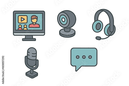 Webinar Icon Set with Isometric Flat Design, Online Meeting and Group Discussion Graphics, Computer Monitor, Webcam, Headset, Microphone, Chat Bubble, Vector Illustration