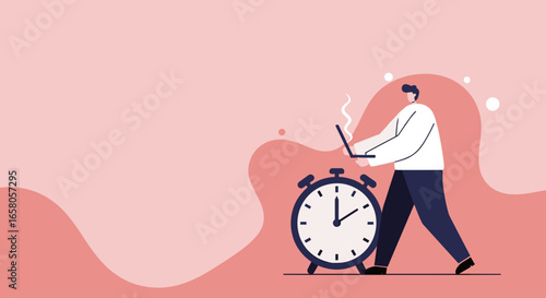 Dedicated man working intensely on a laptop beside a giant alarm clock, illustrating deadline pressure, time management, and productivity.