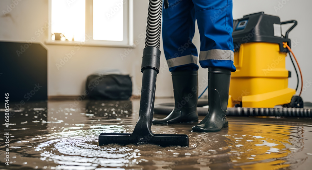 Fototapeta premium Water Damage Restoration Worker Vacuuming Floodwater After Burst Pipe in a Home
