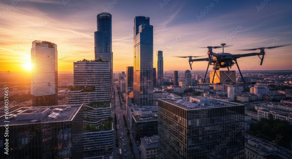 Fototapeta premium Drone delivery over cityscape at sunrise
