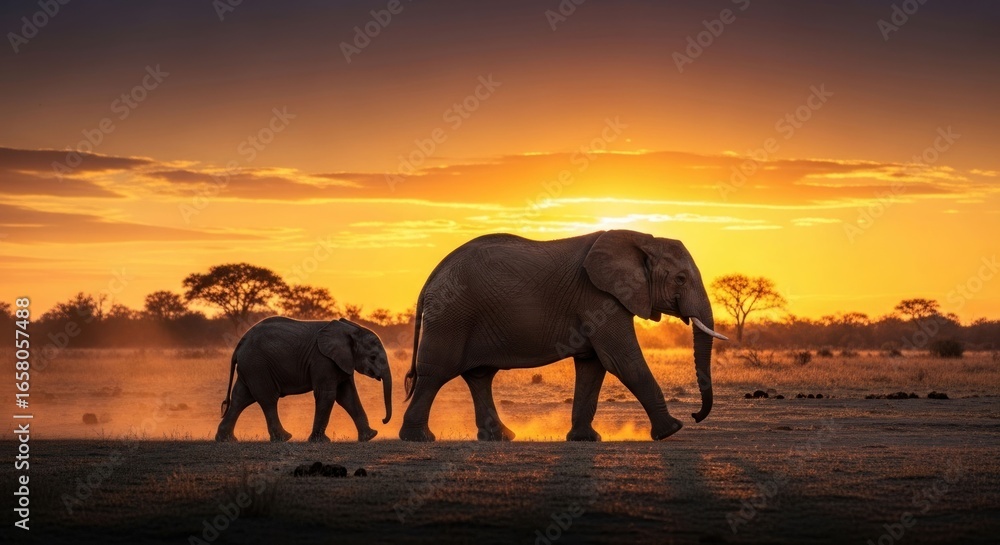 Fototapeta premium Elephants walk at sunset