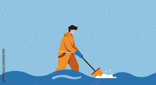 Person in protective gear actively cleaning a water spill, symbolizing environmental protection, disaster recovery, and remediation efforts.
