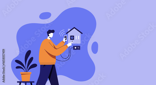 Man uses smartphone to control smart home system. Modern house automation for convenience, security, and digital living. Ideal for technology and lifestyle.