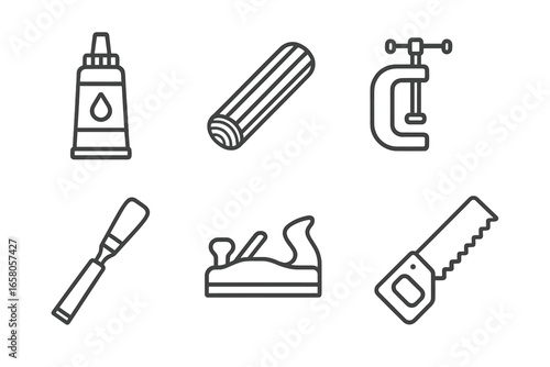 Woodworking tools vector icon set. Outline workshop equipment for joinery, carpentry, wood glue, wooden dowel, clamp, chisel, wood plane, saw. Hand tool professional construction kit illustration.