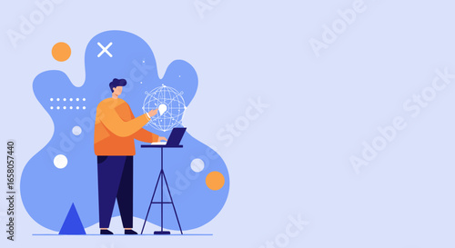 Man uses technology to generate global ideas and foster innovation. Ideal for business, education, and digital concepts.