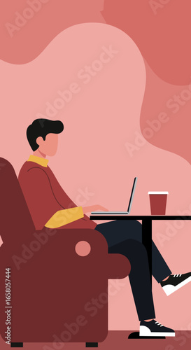 Person comfortably working on laptop in a cozy armchair with coffee, ideal for remote work, online learning, or digital lifestyle concepts.