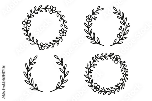 Set of hand-drawn floral wreaths and laurel frames. Minimalist botanical circle borders with flowers and leaves. Elegant sketch collection for wedding invitation, logo design, decor.