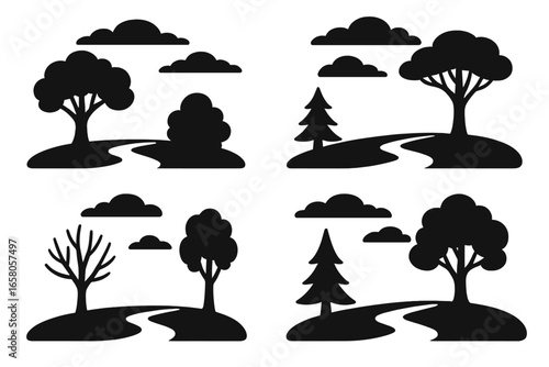 Minimalistic vector landscape silhouettes with various tree shapes and winding paths under overcast cloudy skies, outline style cartoon illustration collection for nature environment concepts