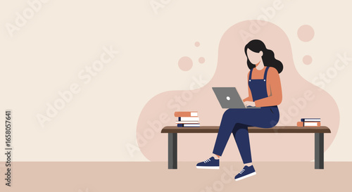 Young woman focused on laptop, studying or working remotely on a bench with books. Ideal for online education, digital learning, and flexible work concepts.