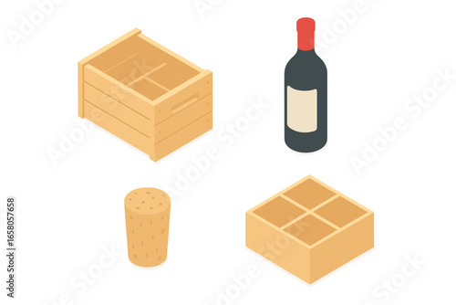 Isometric Wine Packaging Icons Set with Wooden Crate, Wine Bottle, Cork, and Bottle Divider Vector Illustration for Beverage and Packaging Design