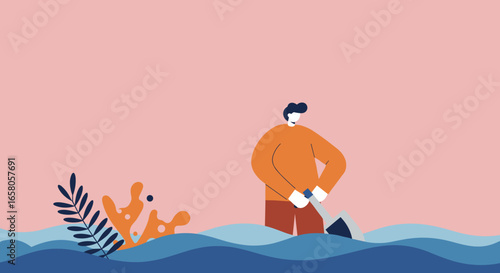 Man with a shovel standing in rising water, symbolizing effort, challenge, and environmental crisis. Ideal for concepts of problem-solving or disaster.