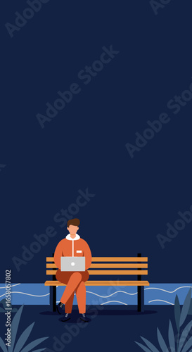 Person on park bench working on laptop. Flat illustration for remote work, digital nomad lifestyle, productivity, and outdoor activity.